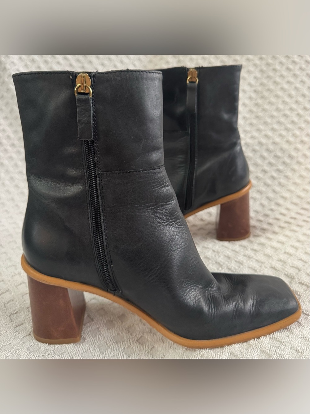 ALOHAS West Black Vintage Leather Square Toe Ankle Boots Brown Heel EU 38 US 7.5 - Picture 11 of 16
